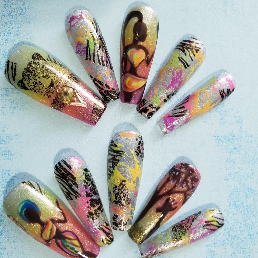 Long Coffin Press on Nails " Safari "